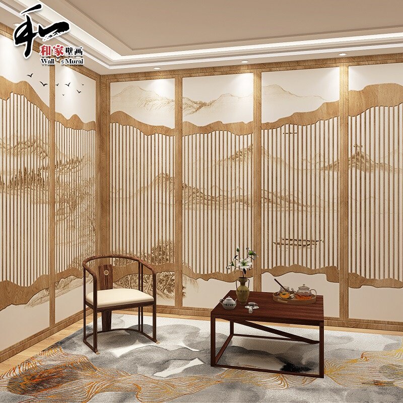 新中式山水屏风壁画墙纸美容院采耳艾灸店自拍馆剧本杀背景壁纸