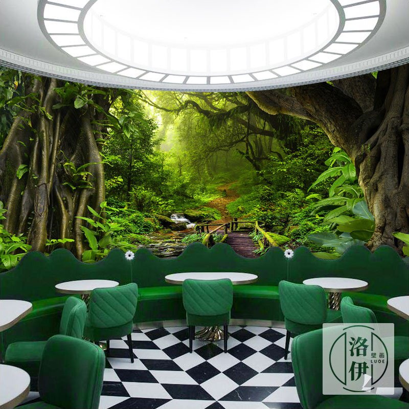 大自然森林壁纸主题壁画墙布装饰3d延伸空间风景绿色植物背景墙纸