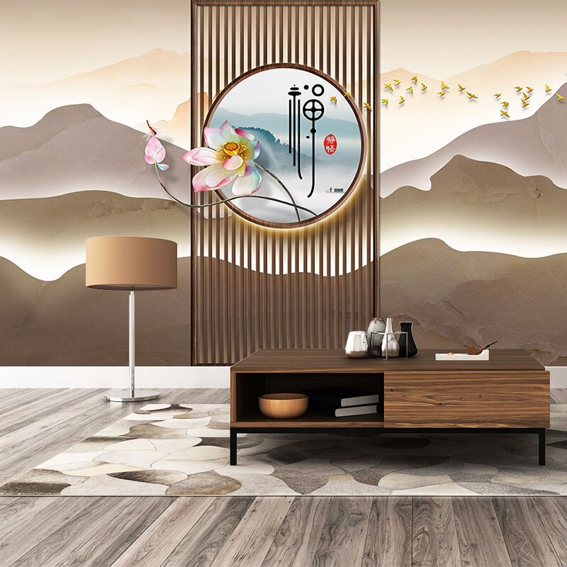 新中式禅意背景墙纸山水直播间背景布茶叶店中国风茶艺图茶室壁纸