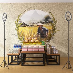 农产品土特产直播间背景墙纸复古怀旧黄泥土墙壁纸农家土菜馆墙布