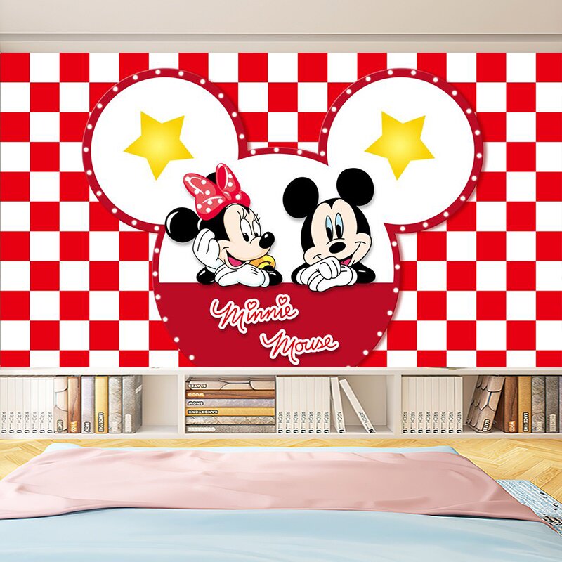 卡通动漫米奇米妮儿童房壁纸迪士尼米老鼠卧室墙纸游乐场主题壁画
