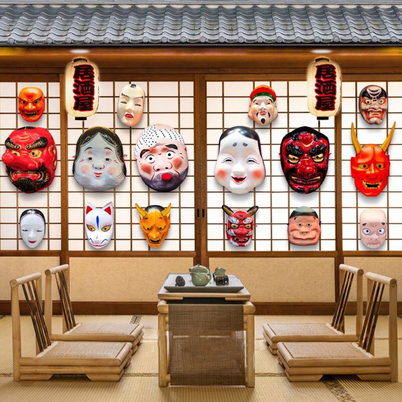 日式面具墙纸寿司店居酒屋日本鬼怪般若背景墙面装饰复古和风壁纸