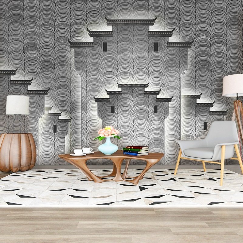徽派屋檐马头墙壁纸复古中式青砖瓦片墙纸酒楼茶馆饭店背景墙壁画