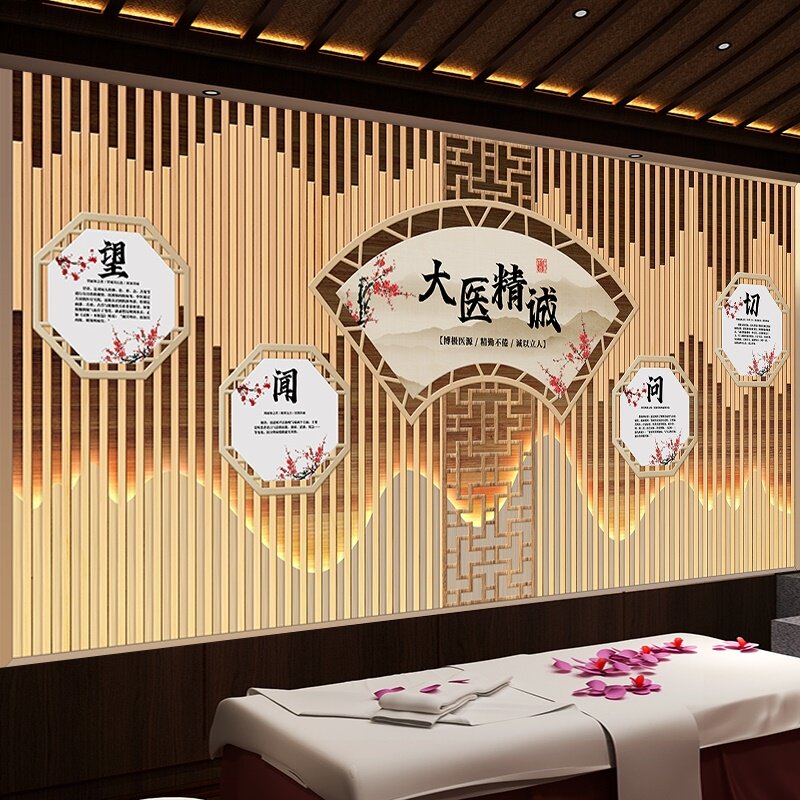 中医馆背景墙纸经络针灸养生理疗店壁纸诊所诊室古风设计装修壁布