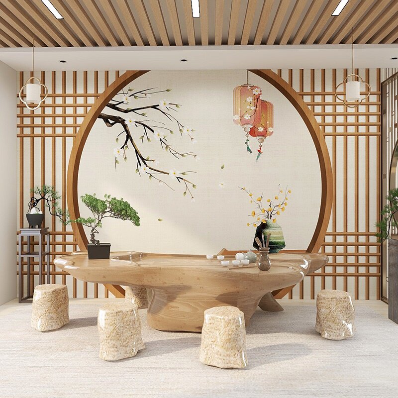 新中式古风拍照背景直播间墙纸拱门格栅木纹屏风火锅饭店古筝壁纸