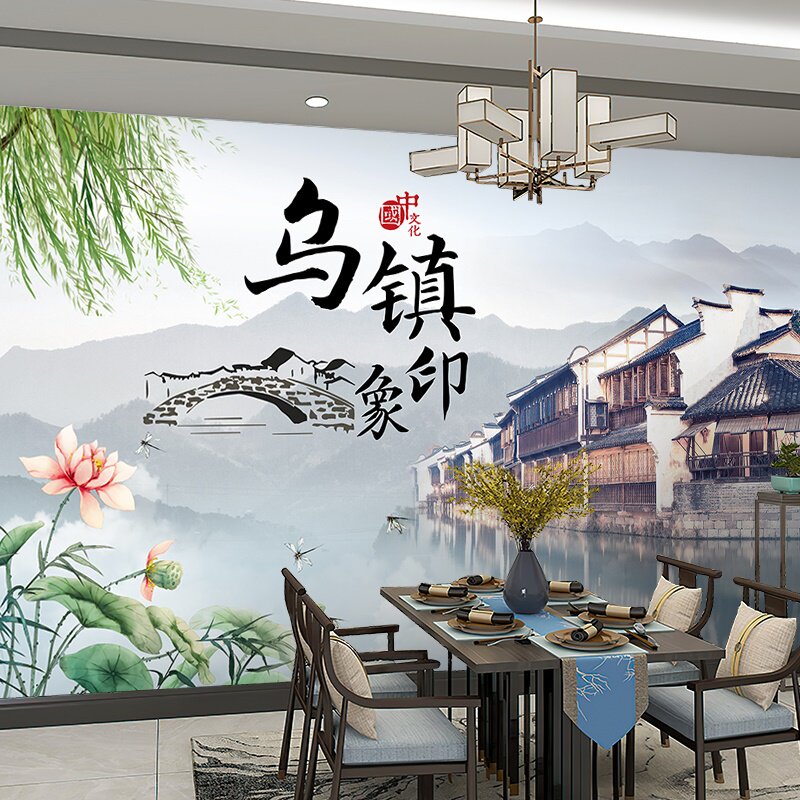 饭店墙纸江南水乡餐厅壁画古画山水徽派建筑码头墙火锅店包厢壁纸
