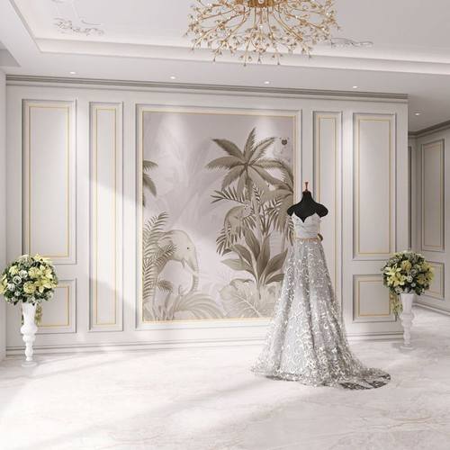石膏线墙纸欧式女装店婚纱摄影拍照直播背景墙壁布客厅植物壁画3d