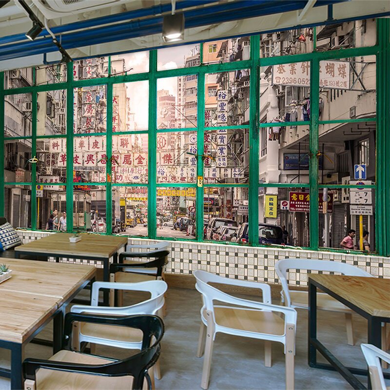 3d怀旧香港街景墙纸港式茶餐厅假窗复古背景墙港风冰室打边炉壁纸
