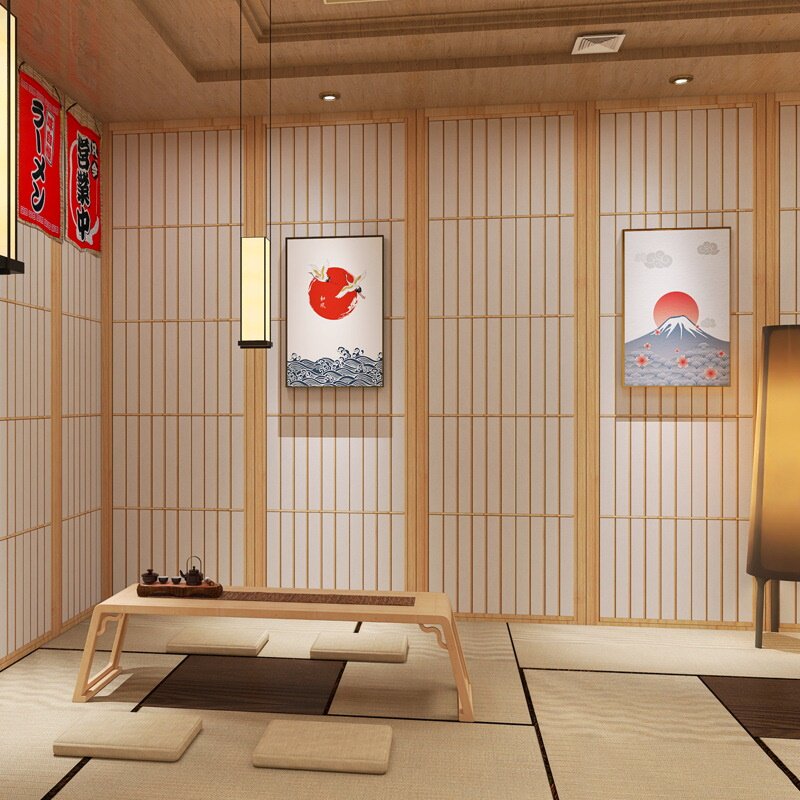 日式和风背景墙木门屏风日料寿司店餐厅壁纸客厅卧室直播间墙纸