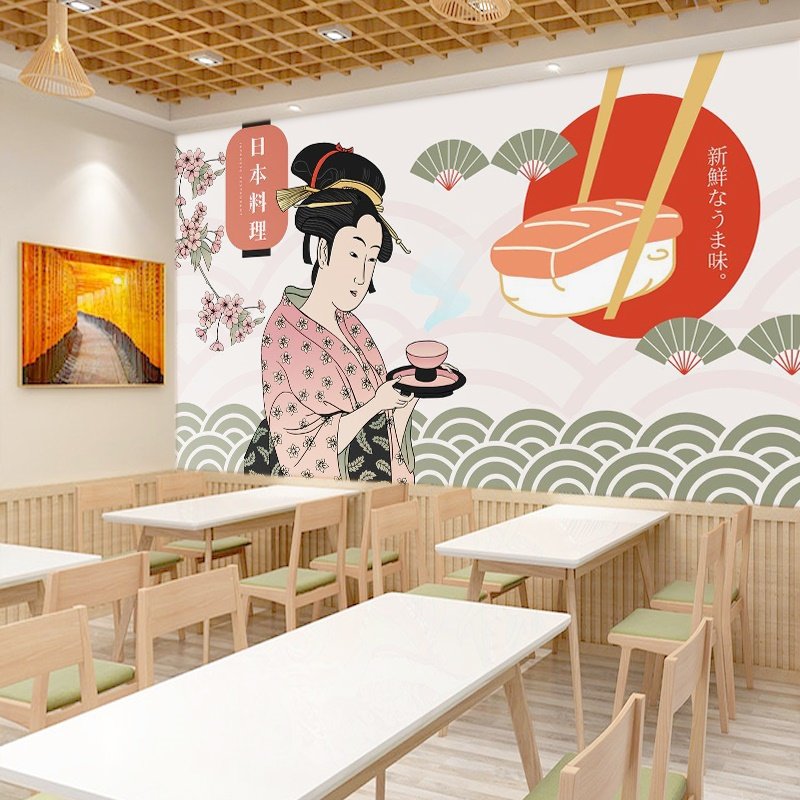 日本寿司店壁纸墙面装饰广告海报贴纸手绘和风日式日料店装修墙纸