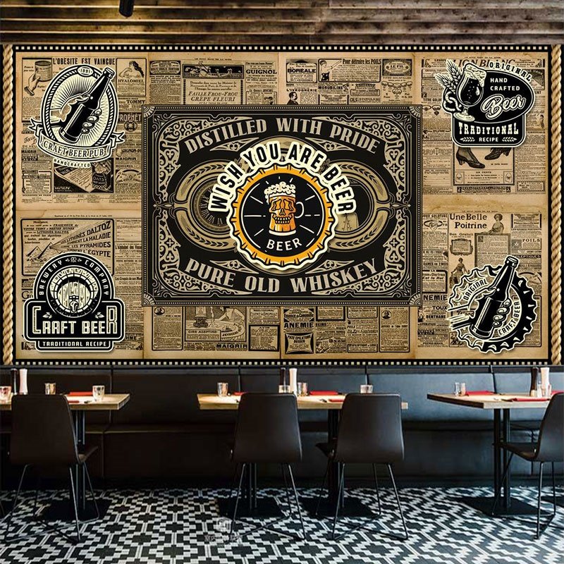 精酿啤酒屋墙纸复古海报小酒馆音乐餐吧墙面装饰壁画酒吧清吧壁纸