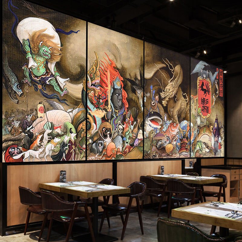 日本百鬼夜行图背景墙纸日式装修风格和风装饰壁画纹身店刺青壁纸