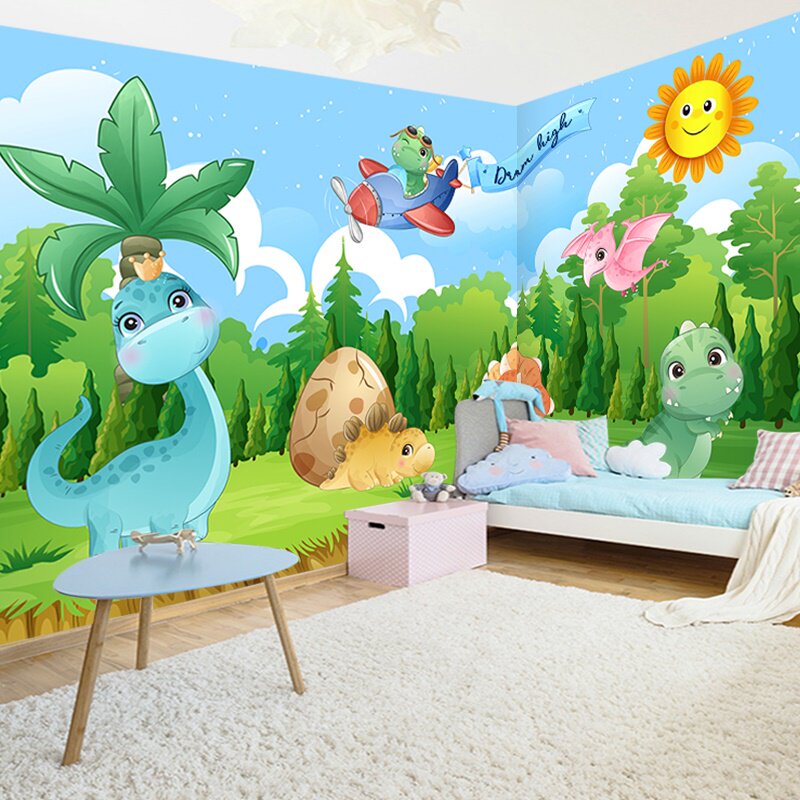 3d可爱卡通恐龙墙纸童话森林儿童房环保墙布卧室幼儿园托管班壁纸