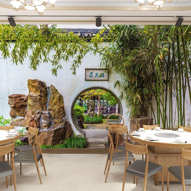 中式古建筑庭院墙纸苏州园林景观植物茶室壁纸饭店包厢装饰墙布图片