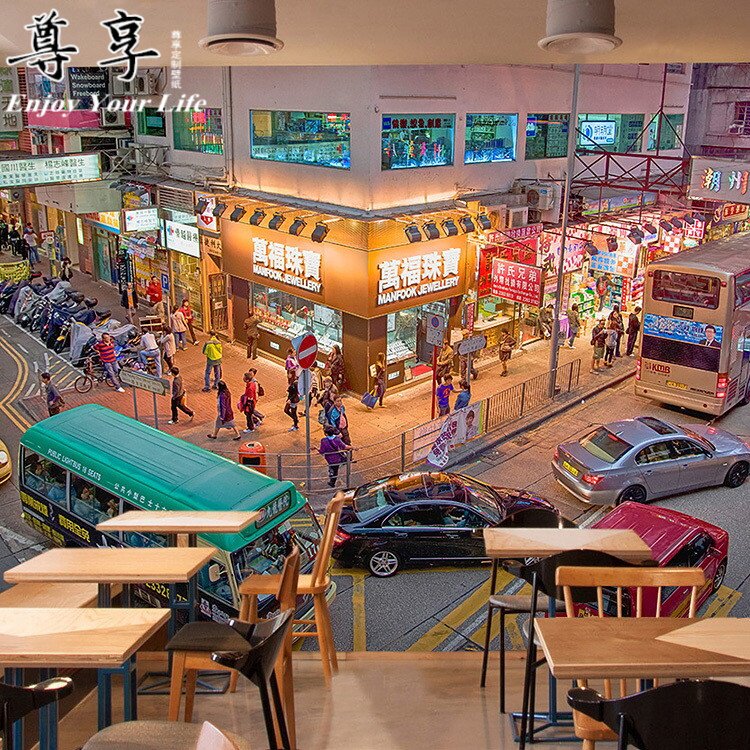 复古怀旧香港街景墙纸港风港式茶餐厅装饰奶茶甜品店网红打卡壁纸