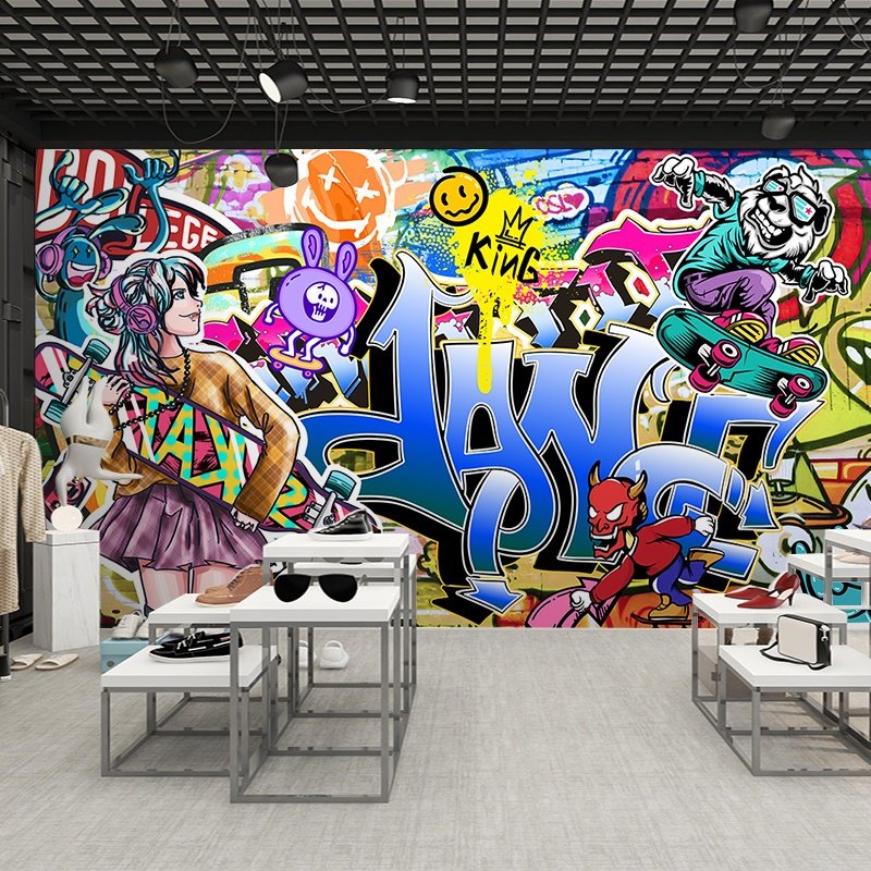 欧式街头涂鸦墙纸滑板轮滑馆墙面装饰街舞室健身房壁纸男装店墙布