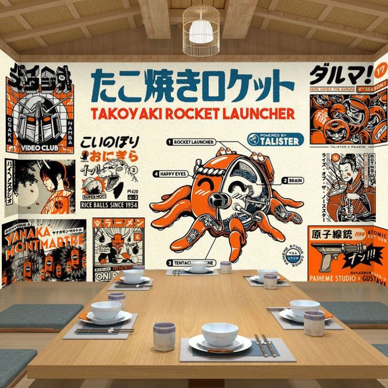 日式料理壁纸墙面装饰日本手绘海报章鱼烧小丸子日料店居酒屋墙纸图片