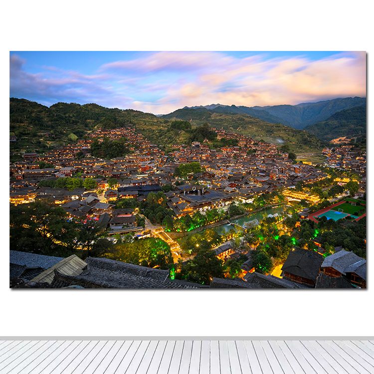 简约现代装饰画贵州西江苗寨建筑风景画海报定制房间餐厅墙贴画54图片
