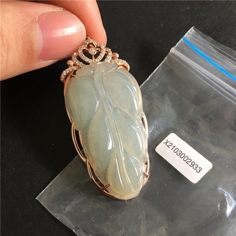 A货糯冰种翡翠叶子吊坠树叶挂件金枝玉叶S925纯银镶嵌镀18K玫瑰金