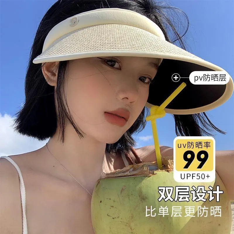 2025新款发卡大檐防晒草帽夏骑车防紫外线空顶帽太阳帽防晒遮阳帽