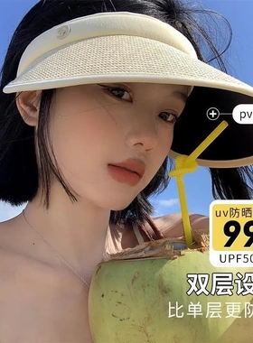 2025新款发卡大檐防晒草帽夏骑车防紫外线空顶帽太阳帽防晒遮阳帽
