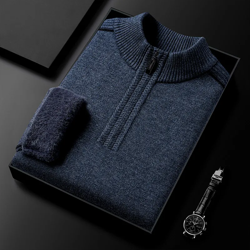 冬季加绒加厚半拉链羊毛衫男款半高领保暖针织衫中年爸爸打底毛衣