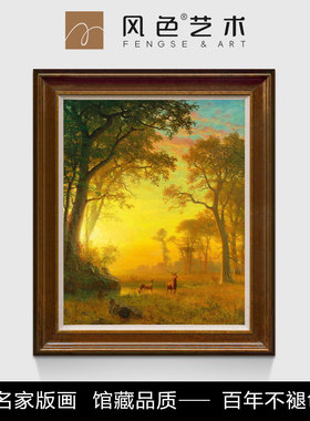 风色森林祥鹿森林之光风景油画美式客厅玄关走廊挂画竖版装饰画