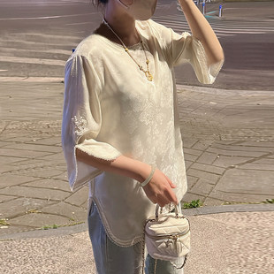 缎面新中式 2025夏季 七分袖 薄款 女高级感轻奢圆领上衣 国风打底衬衫