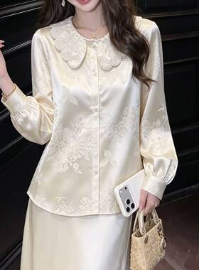 2026秋冬季新中式国风加绒加厚长袖衬衫女重工刺绣娃娃领打底上衣