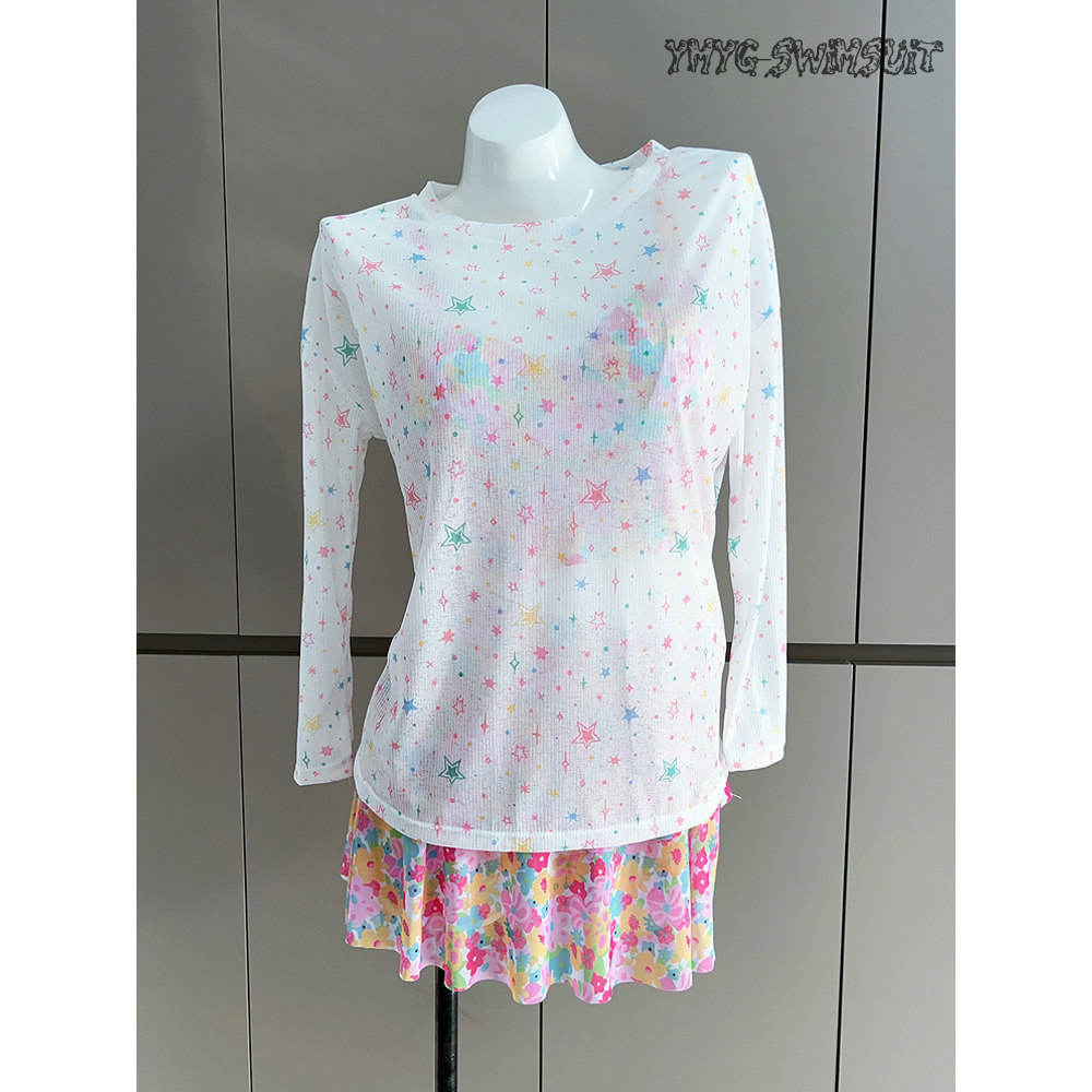 一米阳光泳衣女分体四件套保守遮肉显瘦少女微胖女孩泡温泉游泳装