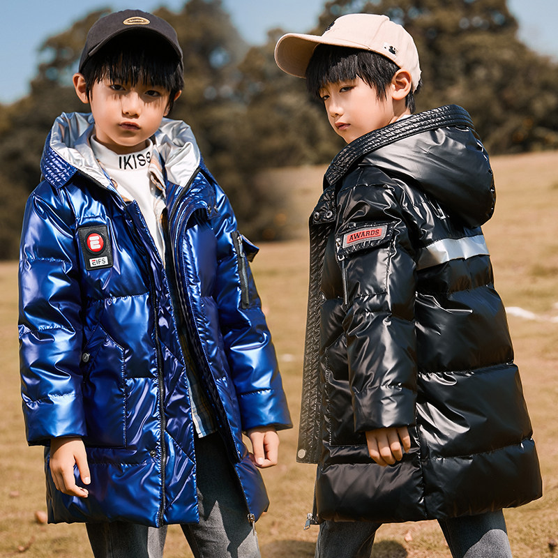 男童女童中长款加厚免洗羽绒服白蓝黑色外套大童连帽棉袄衣服冬装