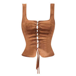 鹿皮绒可调节系带收腰辣妹吊带马甲女叠穿复古方领短款马夹背心冬