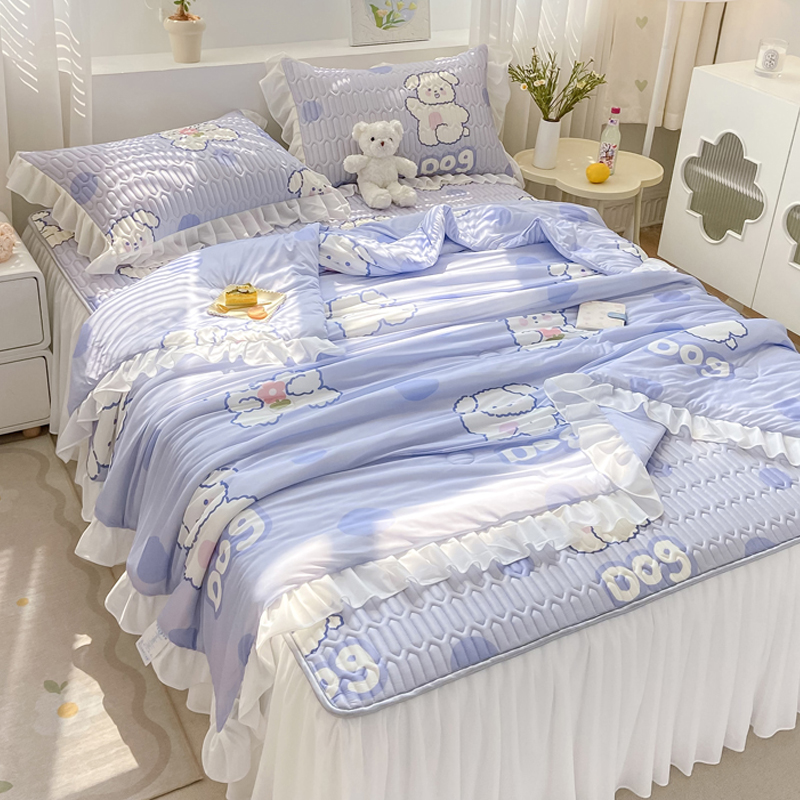 乳胶凉席四件套床裙款夏季公主风可机洗儿童空调冰丝夏凉被三件套