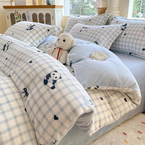 冬季双面牛奶绒床上四件套卡通小清新保暖加厚珊瑚绒被套三件套