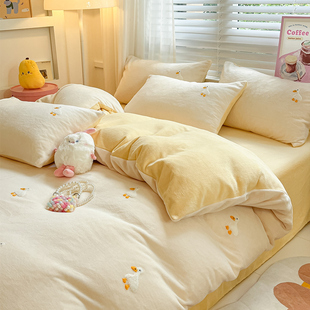 秋冬小鸭子牛奶绒床笠四件套1/1.35米儿童秋冬床上用品珊瑚绒被套