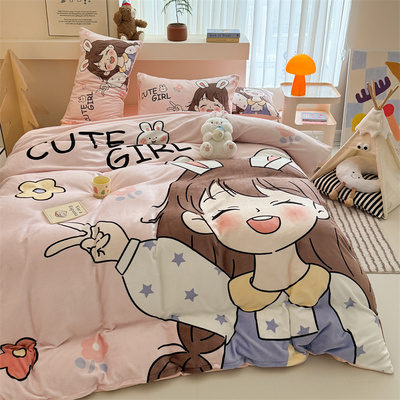 卡通牛奶绒四件套加厚冬季珊瑚绒法莱绒可爱儿童床单被套双人床单