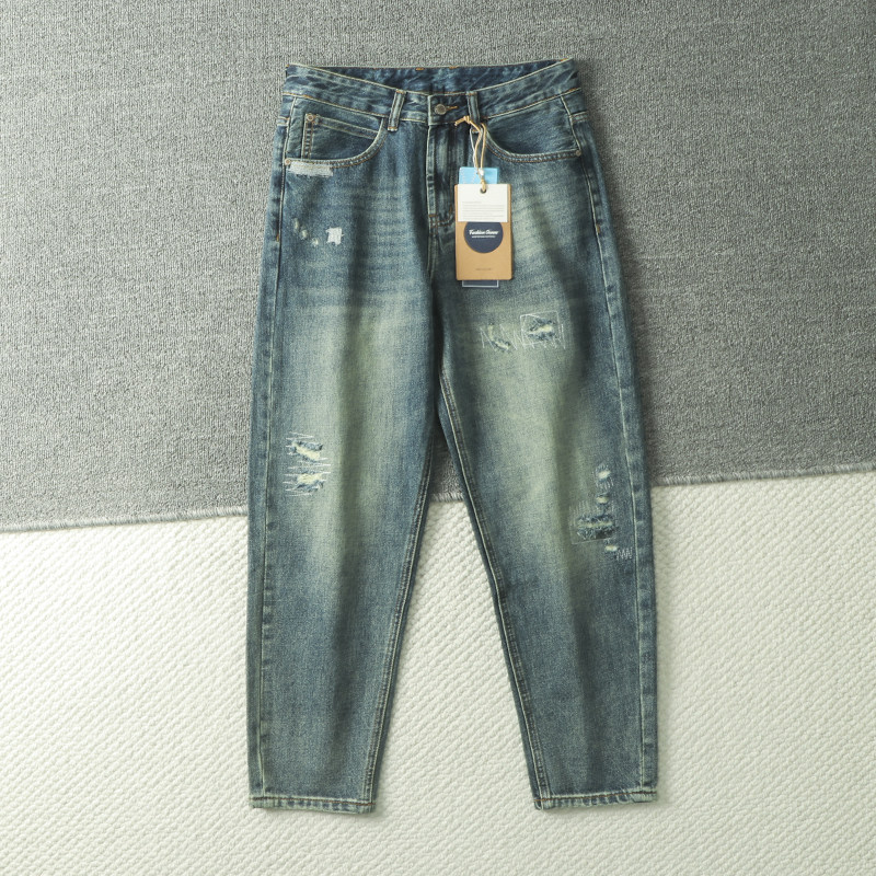 秋季新款阿美咔叽复古休闲水洗做旧破洞磨白男士直筒牛仔裤潮长裤