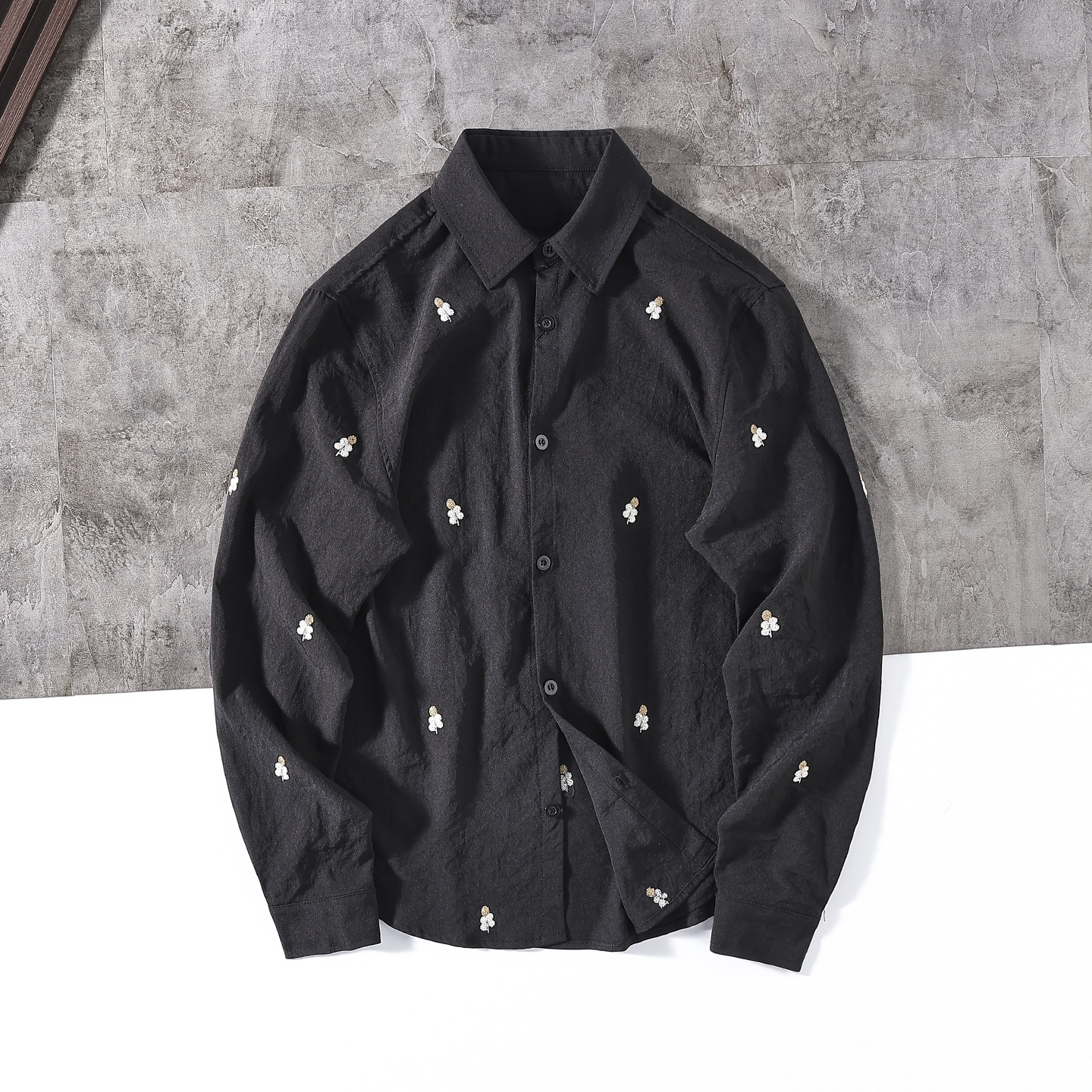 欧美订单 ！花卉刺绣 ！外贸尾货春夏男宽松休闲翻领长袖衬衫衬衣