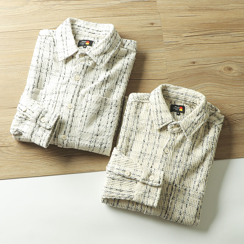 尖领长袖时尚休闲粗纺格子衬衫