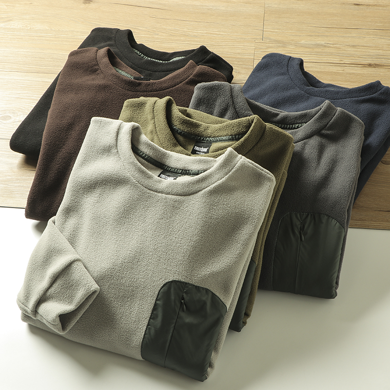 撞色口袋摇粒绒潮圆领套头卫衣