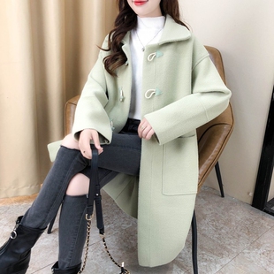 小个子牛角扣纯色开衫 韩版 大衣女 仿羊绒双面呢外套女秋冬季 中长款