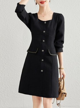 xzcv法式小黑裙女女款高级感气质小香风方领长袖连衣裙女