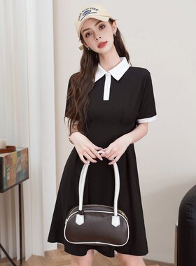 XZCV 简约气质连衣裙2025夏季款时尚减龄修身撞色翻领短袖A字裙