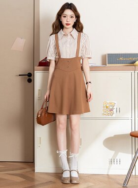 XZCV时尚假两件短袖连衣裙女夏季文艺舒适拼色减龄条纹连衣裙