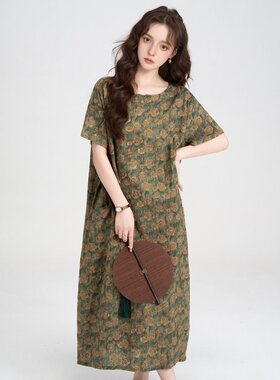 XZCV 夏李休闲宽松女士碎花拼色大码连衣裙碎花裙短袖长裙
