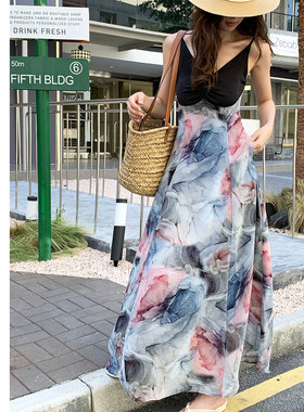 xzcv度假系列 水墨国风 带BRA拼接明线显身材连衣裙吊带裙