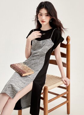 xzcv假两件气质连衣裙2024夏款小众设计感收腰显瘦时尚短袖a字裙