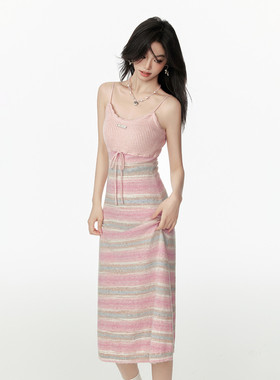XZCV针织吊带连衣裙女夏甜美少女风条纹修身绑带设计长裙