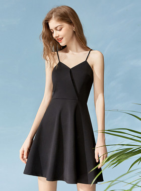 XZCV小黑裙女夏季修身显瘦V领吊带裙纯色百搭a字高腰裙摆连衣裙女