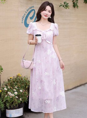 XZCV高腰显瘦连衣裙女夏季温柔甜美短袖刺绣印花微胖海边度假